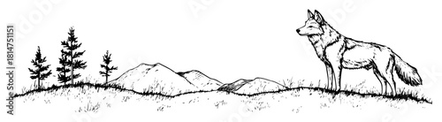 wolf howling in mountain landscape sketch