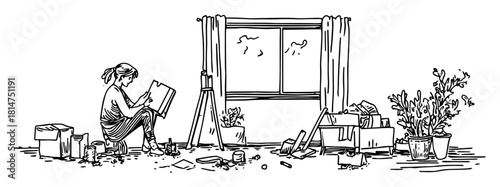 woman painting on canvas hand drawn sketch