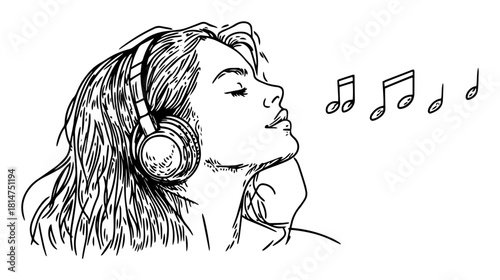 woman listening to music with headphones sketch