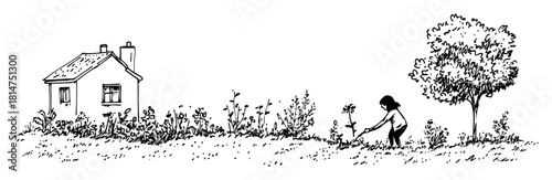 woman gardening near house hand drawn sketch