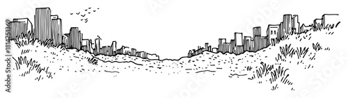 city skyline with hills hand drawn sketch