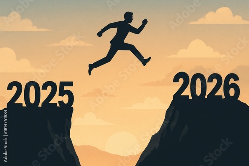 Happy new year 2026, Silhouette Man jumping from 2025 cliff to 2026 cliff on sky background. Concept of moving from year to year. New Year's concept.