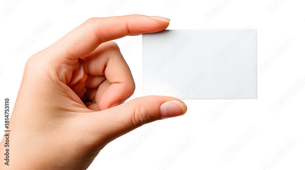 Obraz premium A human hand presenting a blank white business card or credit card, ready for custom text or logo, isolated on white background