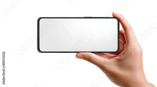 Hand holding a modern smartphone horizontally with a blank white screen, isolated on white background