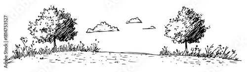 hand drawn landscape with trees and clouds