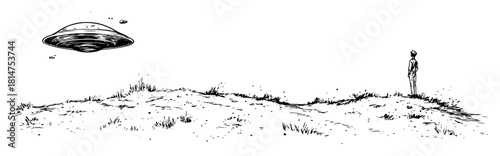 ufo and alien figure in landscape sketch