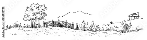 countryside landscape with trees fence and mountains