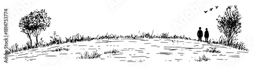 couple walking by the lake hand drawn sketch