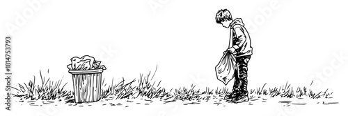 child collecting trash in nature sketch
