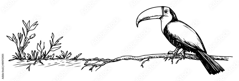 Fototapeta premium toucan on tree branch with leaves sketch