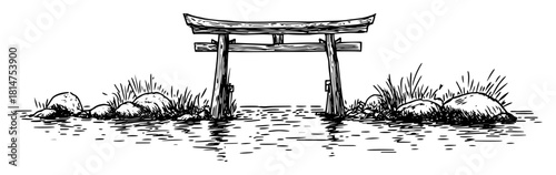 japanese torii gate over water sketch