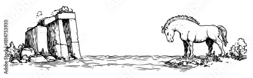 ancient stone monument with horse illustration