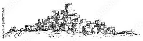 hilltop cityscape with clustered buildings sketch