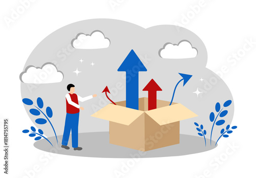 A man, a box and arrows. The concept of life path choice, problem solving, personal rots and development