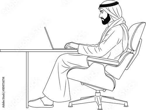 Arab businessman sitting at office desk working on laptop, wearing traditional clothing, side view, cad drawing flat vector illustration