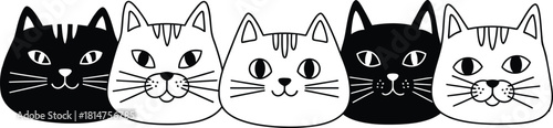Row of cute cat faces black and white doodle illustration