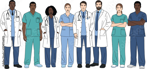Diverse group of medical professionals standing together, doctors and nurses team, hospital staff, cad drawing flat vector illustration