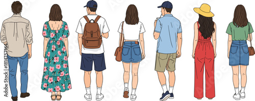 Group of young people standing back view, men and women wearing summer casual clothes, rear view concept, cad drawing flat vector illustration