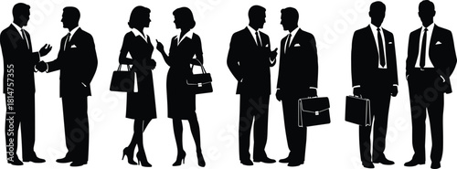 Set of business people silhouettes, men shaking hands and women talking, corporate team with briefcases, cad drawing flat vector illustration
