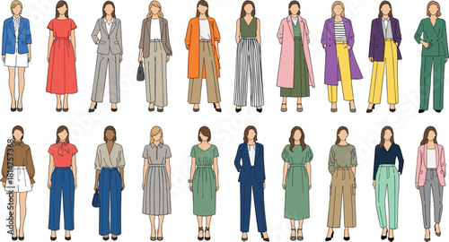 Large set of stylish women wearing business and casual outfits, suits, coats and dresses, fashion collection, cad drawing flat vector illustration