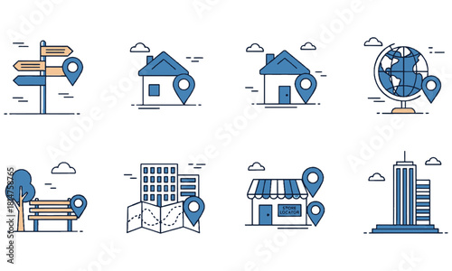 Flat Line Icon Set for Location, Navigation, and Mapping - GPS, Real Estate, Cityscape, and Direction