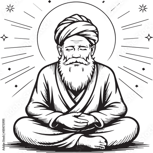Old man meditating with turban and beard in lotus pose meditation