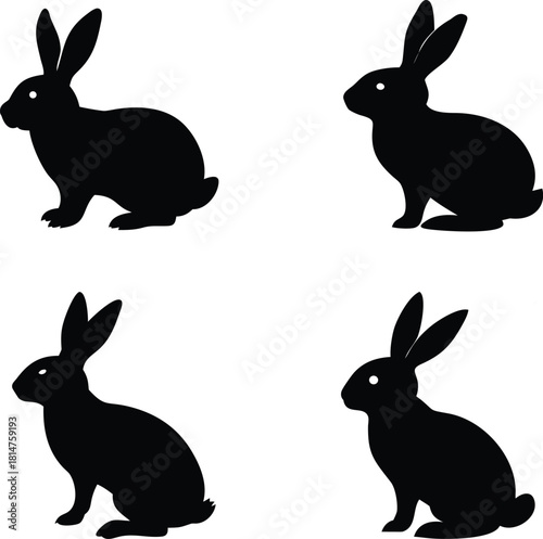Solid black silhouette of a rabbit sitting with long ears, simple minimal vector clip art, isolated on transparent background. Cute animal symbol.