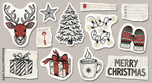 Grunge Paper Christmas Doodle Sticker Set with Torn Edges and Hand-Drawn Winter Elements