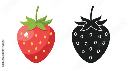 A colorful strawberry illustration next to its black and white silhouette