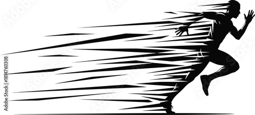 Energetic black silhouette of a sprinter in full stride, illustrating rapid movement and athletic performance