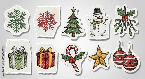 Grunge Paper Christmas Doodle Sticker Set with Torn Edges and Hand-Drawn Winter Elements