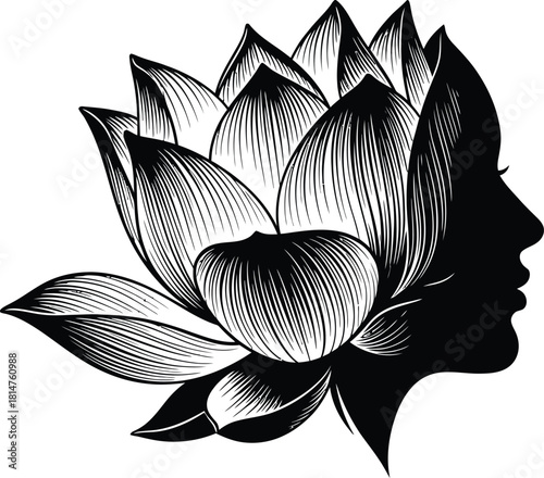 Womans profile and lotus flower illustration, symbolizing beauty and spiritual harmony