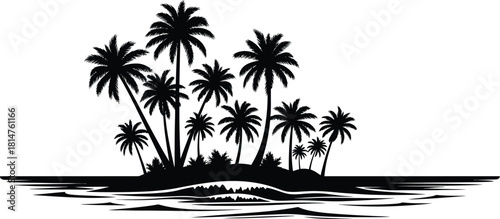 Black silhouette of a serene tropical island paradise with numerous palm trees and gentle waves