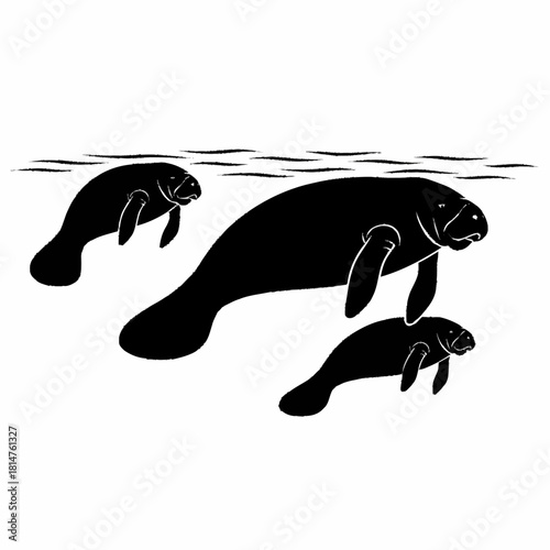 Three manatees swimming gracefully underwater in a serene aquatic environment.