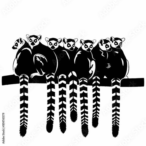 Group of Lemurs Sitting on a Branch in Black and White.