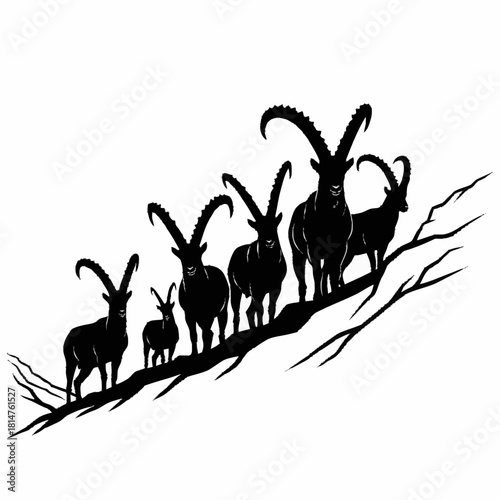 Silhouette of a Herd of Ibex on a Mountain Slope.
