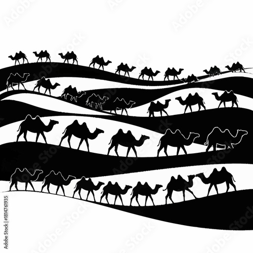Silhouette of a Camel Caravan Crossing the Desert.