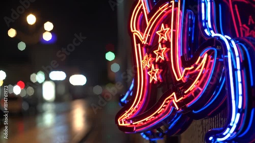 Vibrant neon sign shaped like a cowboy boot glowing on night street, western country bar symbol and nightlife decoration