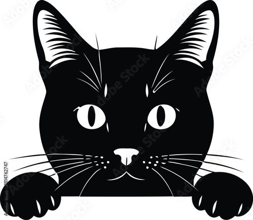 Black cat peeking over edge vector illustration on white background