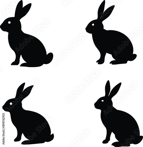 Solid black silhouette of a rabbit sitting with long ears, simple minimal vector clip art, isolated on transparent background. Cute animal symbol.