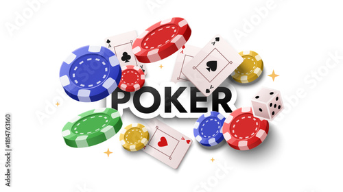 Colorful poker chips, playing cards, and dice on white background