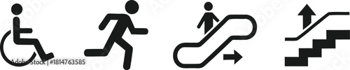 Accessibility emergency exit and escalator icons in black and white
