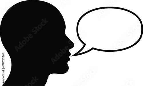 Black silhouette of a human head in profile with an empty speech bubble, representing dialogue