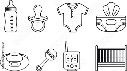 Hand drawn baby items collection bottle pacifier clothes and more