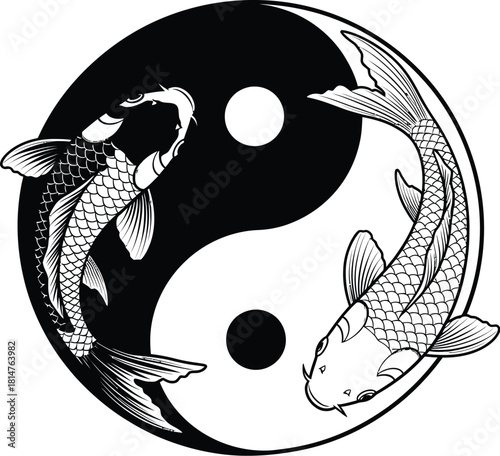 Two stylized koi fish swimming in a circular motion, forming a traditional black and yin and yang symbol