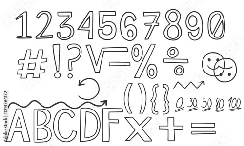 Versatile hand-drawn doodle outline graphics asset pack featuring numbers, essential uppercase letters, and a diverse collection of mathematical and punctuation symbols for creative projects