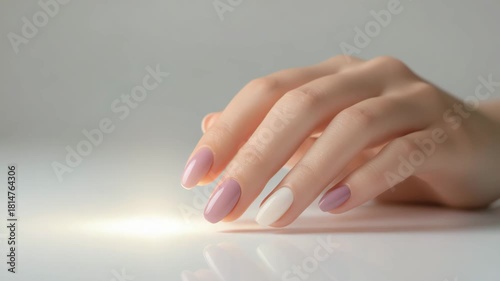 Wallpaper Mural Close-up of female hand with elegant pink and white manicured nails resting on a reflective surface for luxury beauty and self-care concept Torontodigital.ca