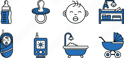 Baby essentials icon set bottle pacifier face and more
