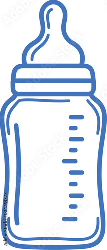 Baby bottle outline illustration with measurement markings in blue color