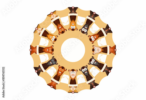 Illustrated Circular Pattern Featuring Cartoon Cows Expressing Various Emotions on a Beige Mandala Design